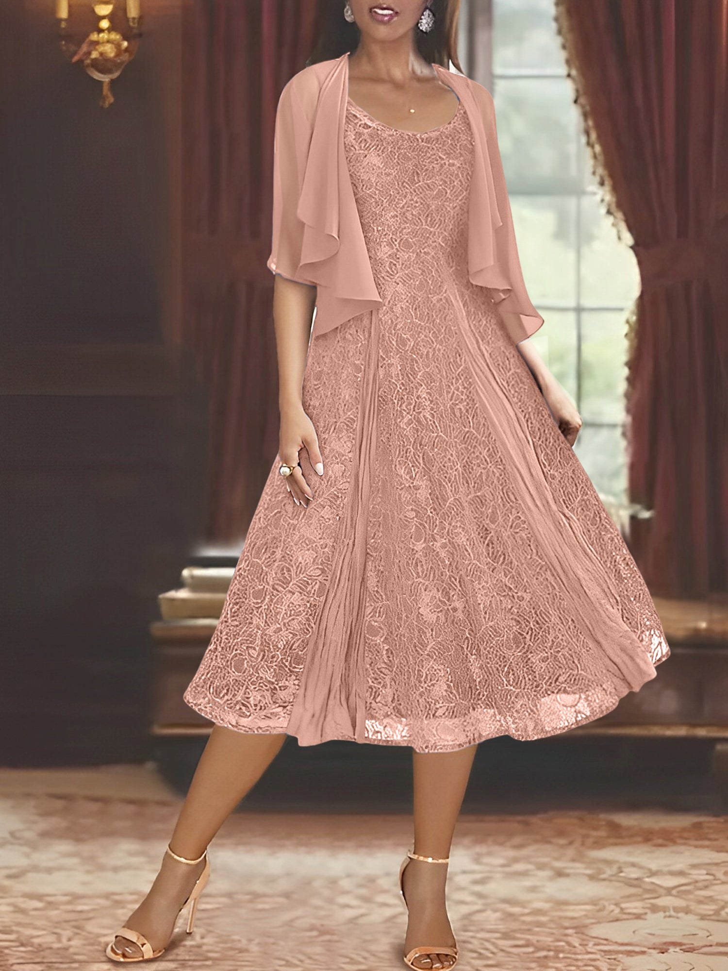 Princess A-Line Tea-Length Mother of the Bride Dress with Scoop Neck Half Sleeves Appliques and Jacket