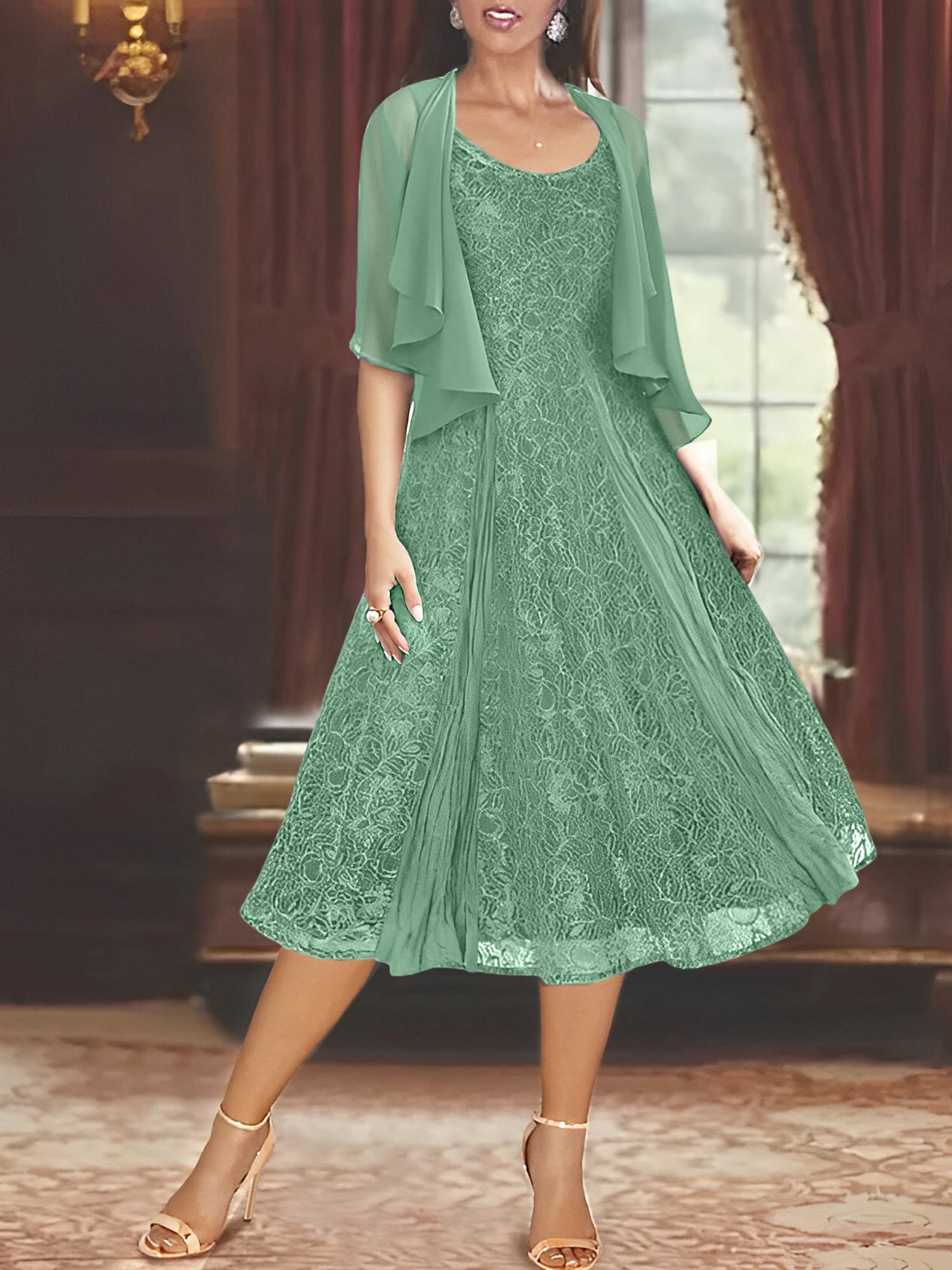 Princess A-Line Tea-Length Mother of the Bride Dress with Scoop Neck Half Sleeves Appliques and Jacket