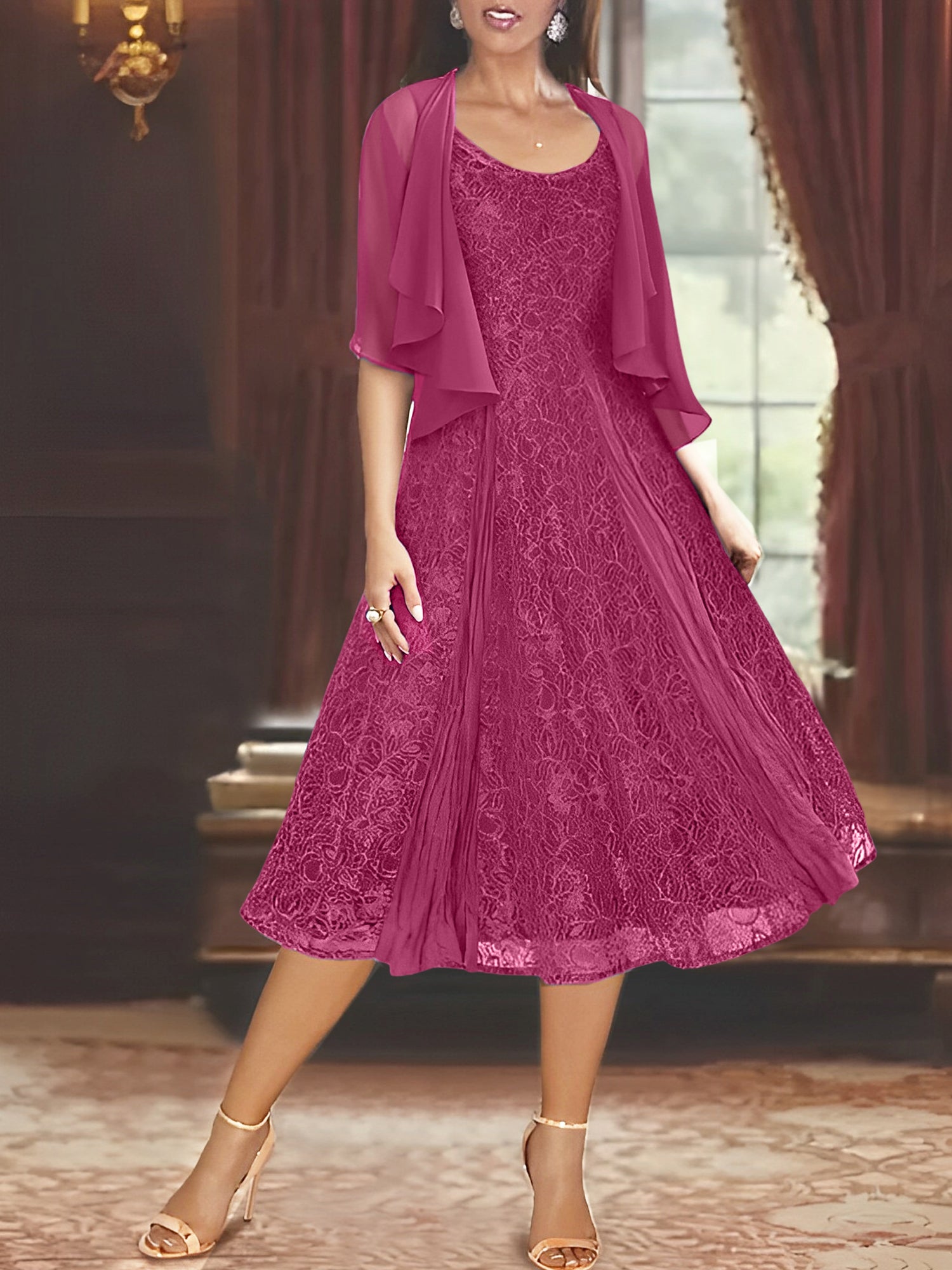 Princess A-Line Tea-Length Mother of the Bride Dress with Scoop Neck Half Sleeves Appliques and Jacket