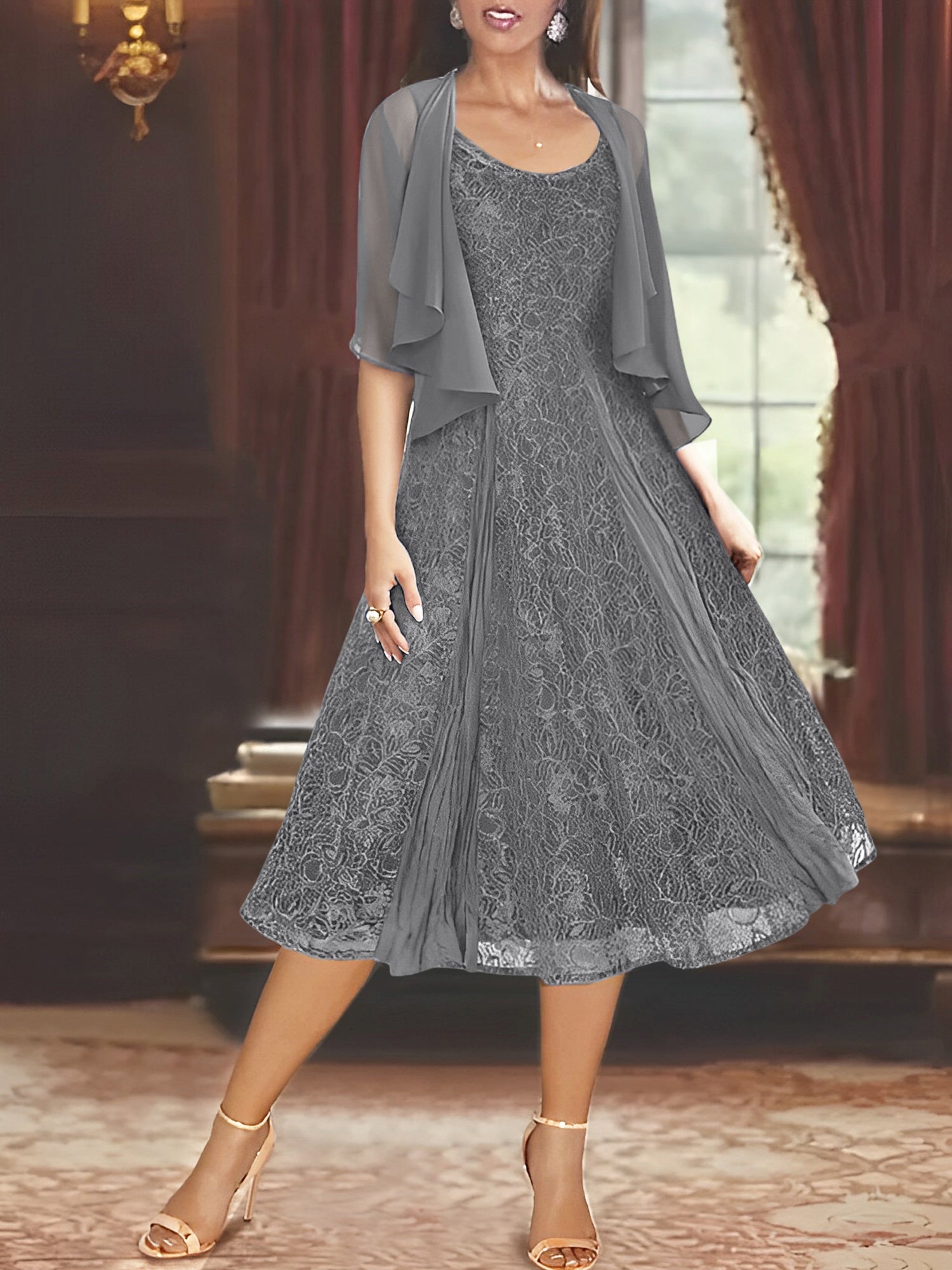 Princess A-Line Tea-Length Mother of the Bride Dress with Scoop Neck Half Sleeves Appliques and Jacket