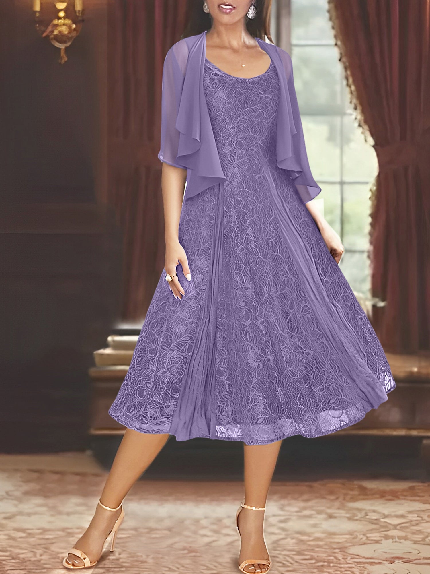 Princess A-Line Tea-Length Mother of the Bride Dress with Scoop Neck Half Sleeves Appliques and Jacket