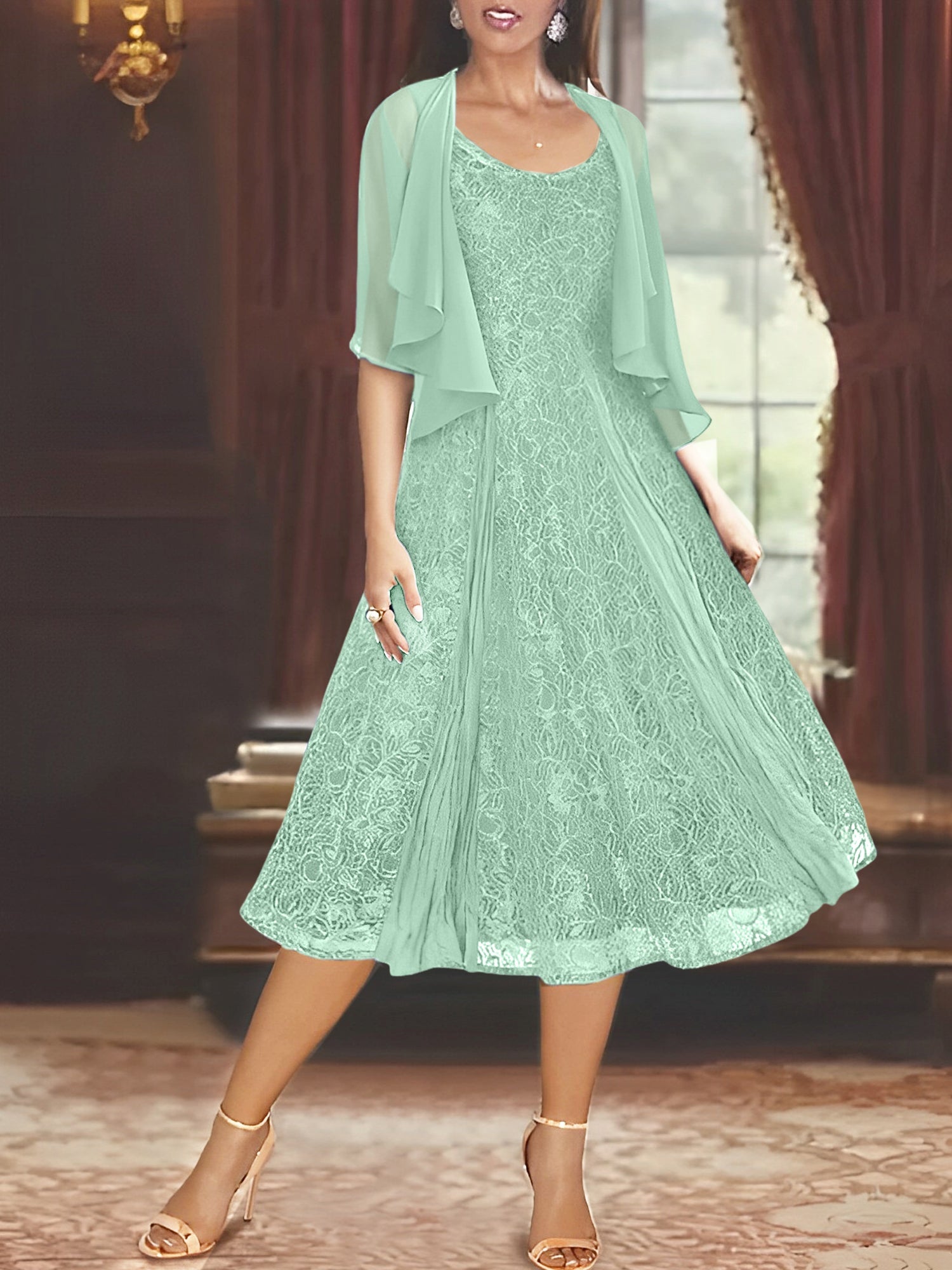 Princess A-Line Tea-Length Mother of the Bride Dress with Scoop Neck Half Sleeves Appliques and Jacket
