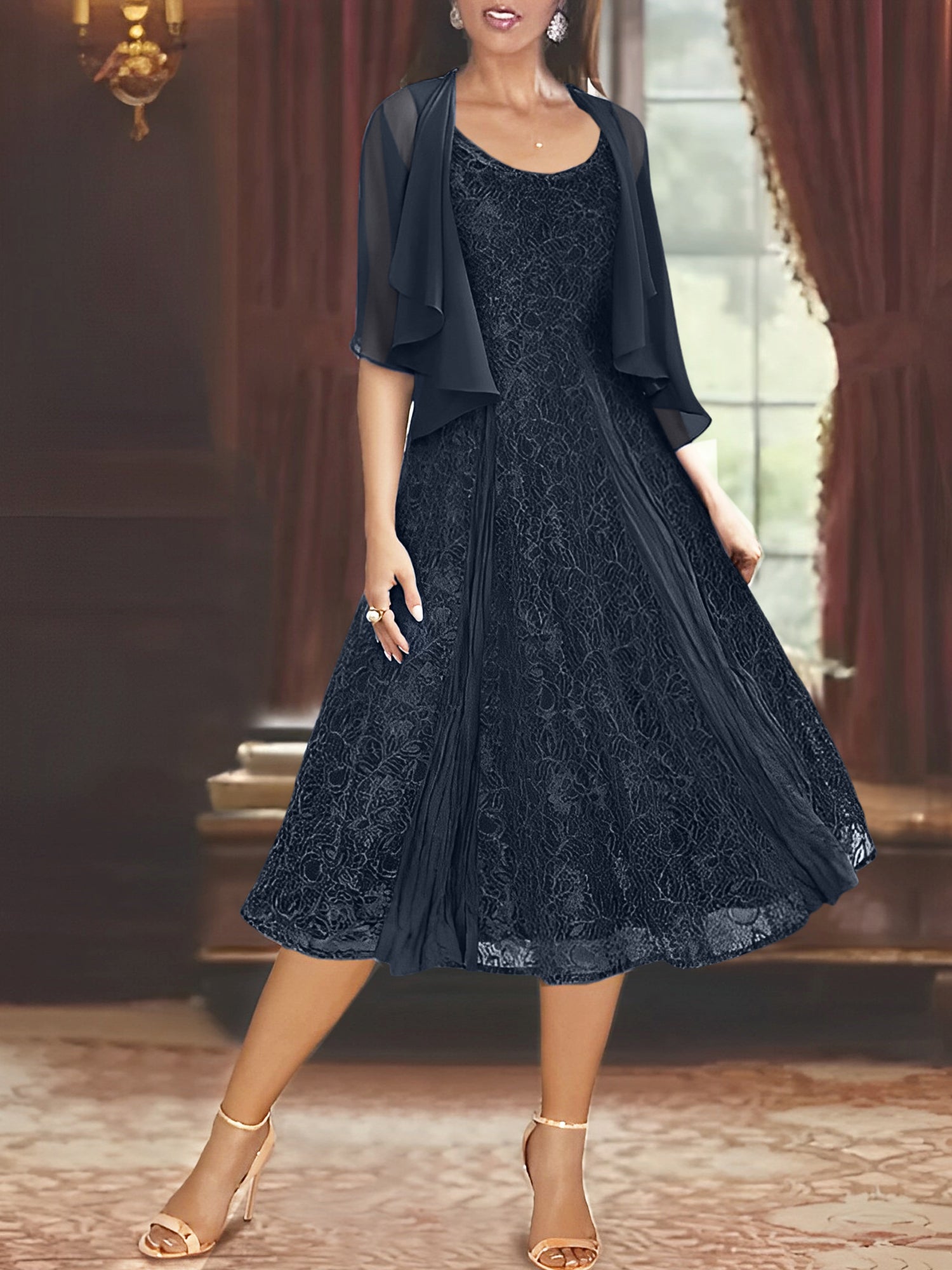 Princess A-Line Tea-Length Mother of the Bride Dress with Scoop Neck Half Sleeves Appliques and Jacket