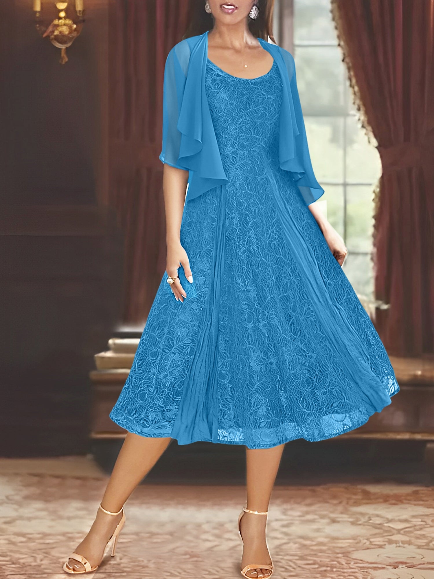 Princess A-Line Tea-Length Mother of the Bride Dress with Scoop Neck Half Sleeves Appliques and Jacket