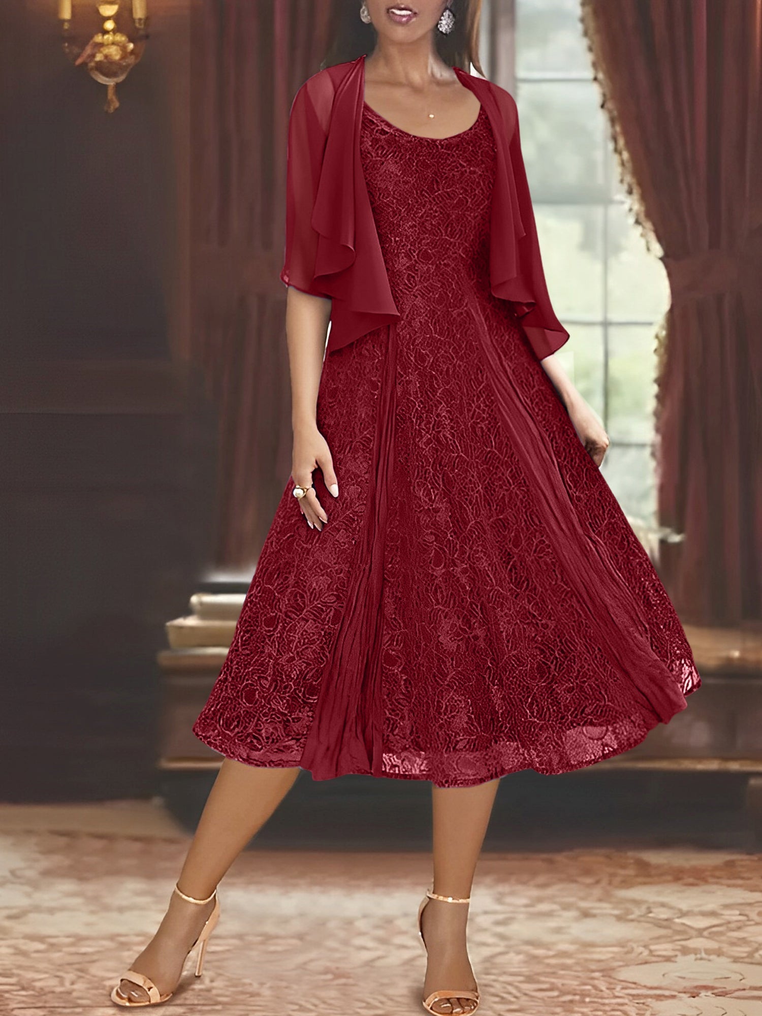 Princess A-Line Tea-Length Mother of the Bride Dress with Scoop Neck Half Sleeves Appliques and Jacket