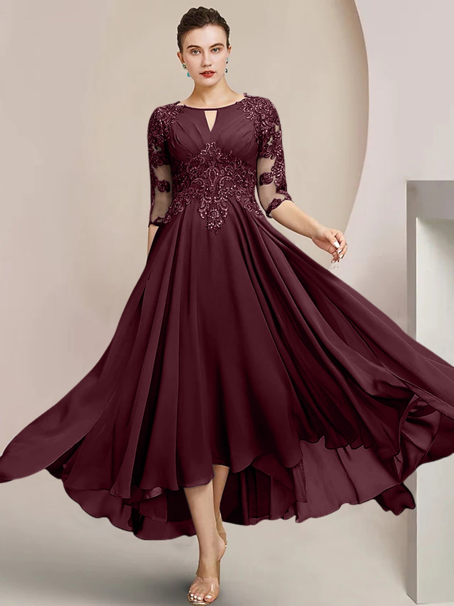 Scoop Neck Tea-Length A-Line Mother of the Bride Princess Dress