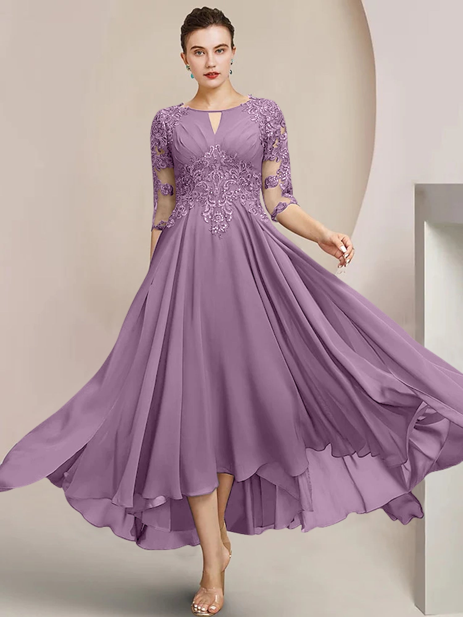 Scoop Neck Tea-Length A-Line Mother of the Bride Princess Dress