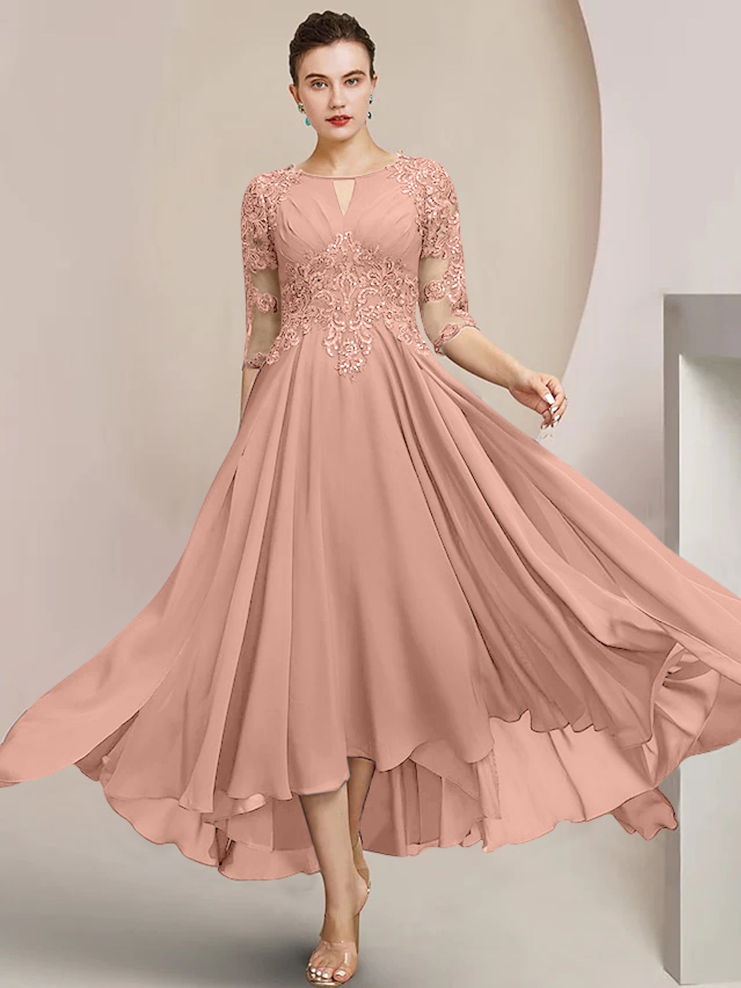 Scoop Neck Tea-Length A-Line Mother of the Bride Princess Dress