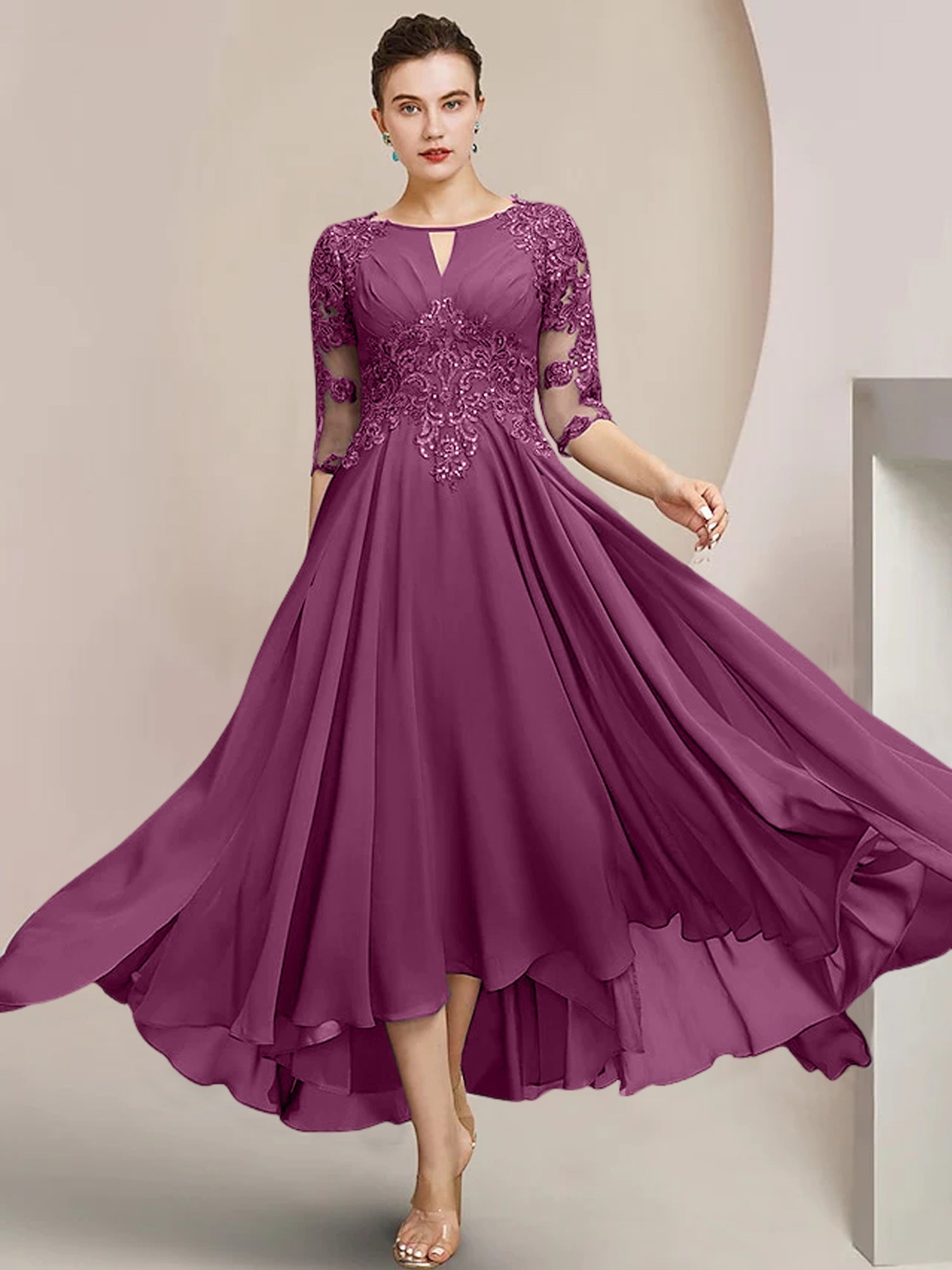 Scoop Neck Tea-Length A-Line Mother of the Bride Princess Dress