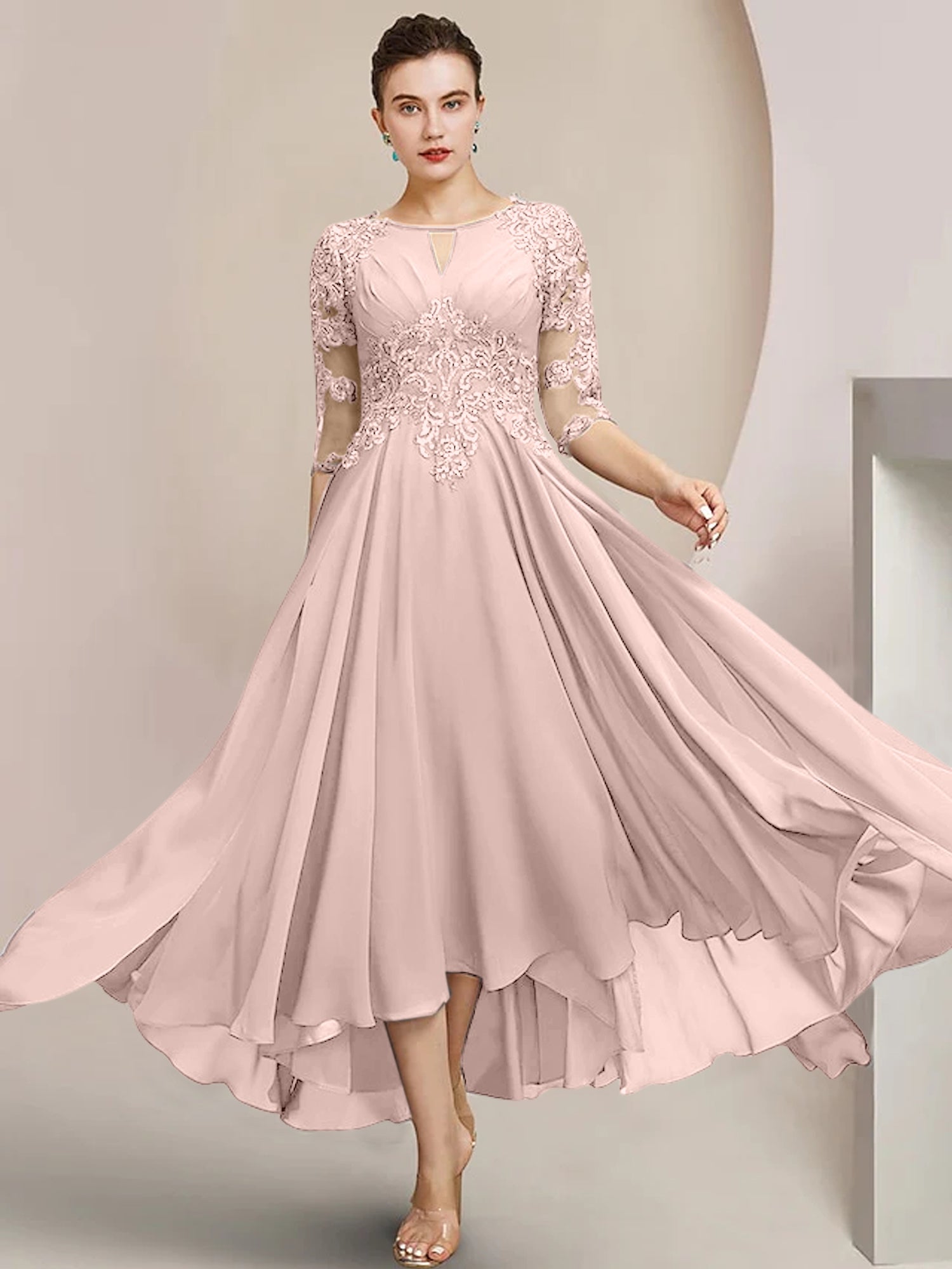 Scoop Neck Tea-Length A-Line Mother of the Bride Princess Dress