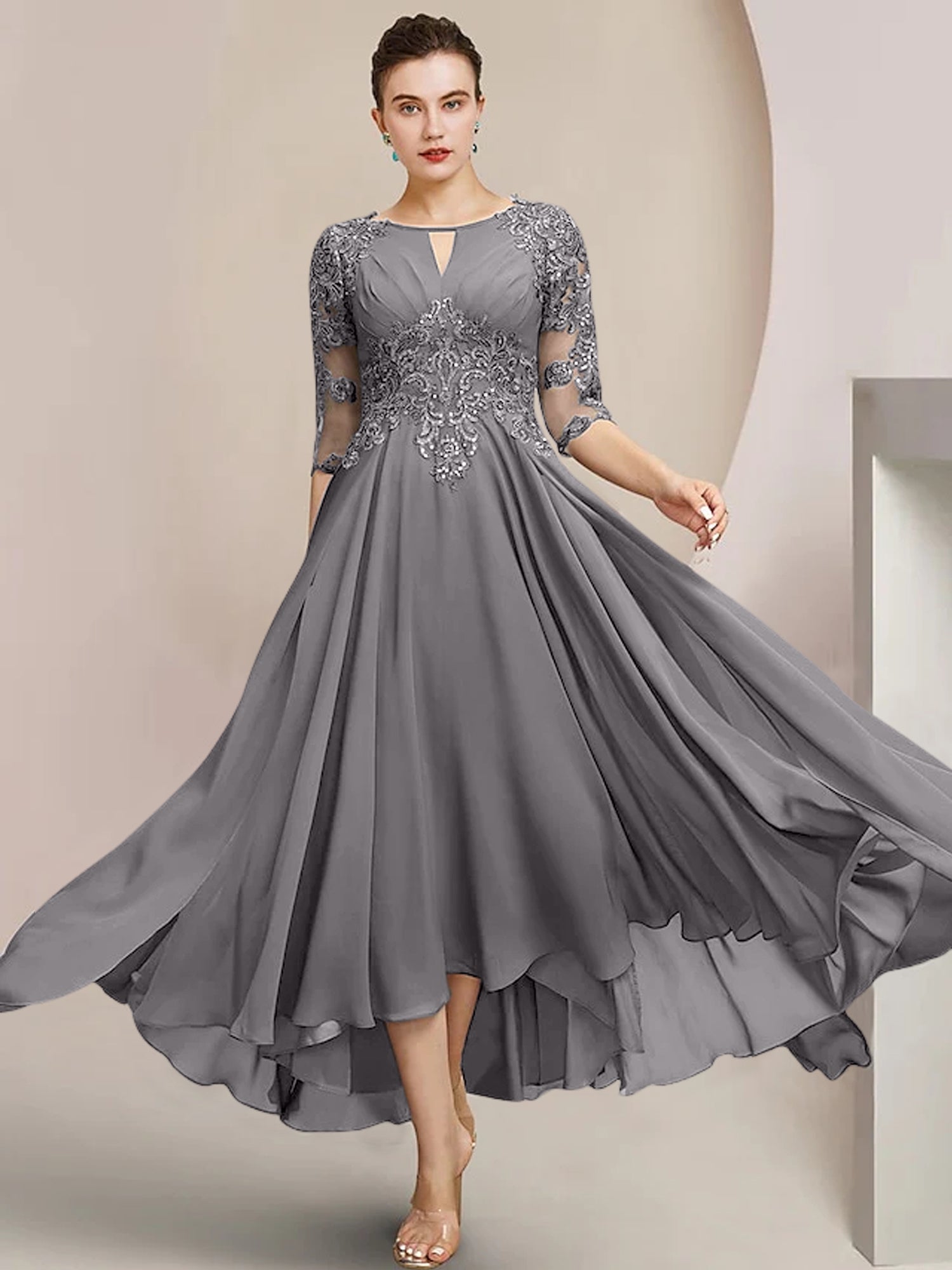 Scoop Neck Tea-Length A-Line Mother of the Bride Princess Dress