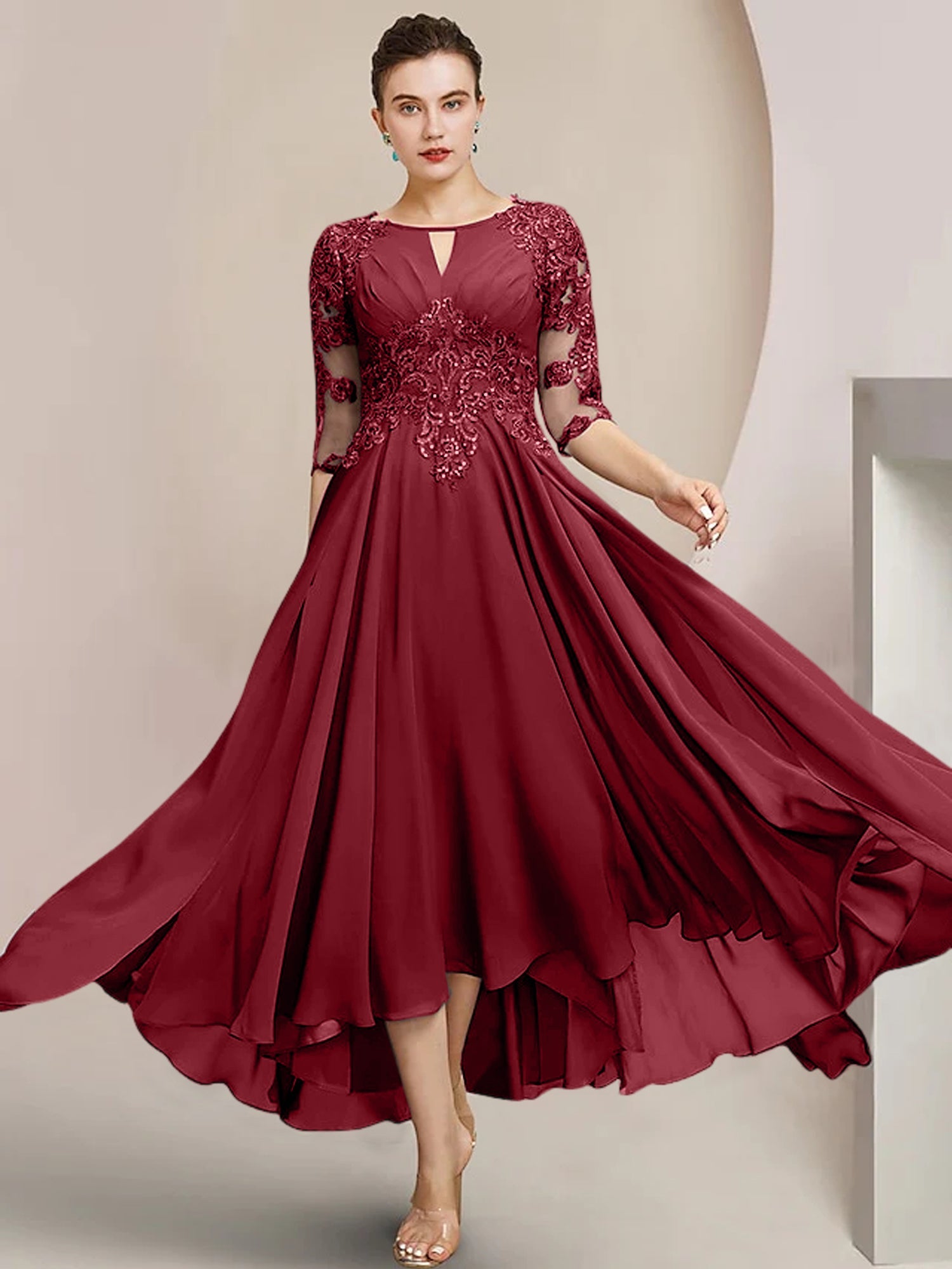 Scoop Neck Tea-Length A-Line Mother of the Bride Princess Dress