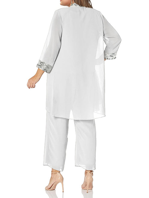 Plus Size Floor-Length Chiffon Pantsuits for the Mother of the Bride with Round Neck and Jacket