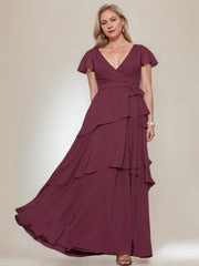 Plus Size V-Neck A-Line Princess Floor-Length Mother of the Bride Dress with Ruffles and Short Sleeves