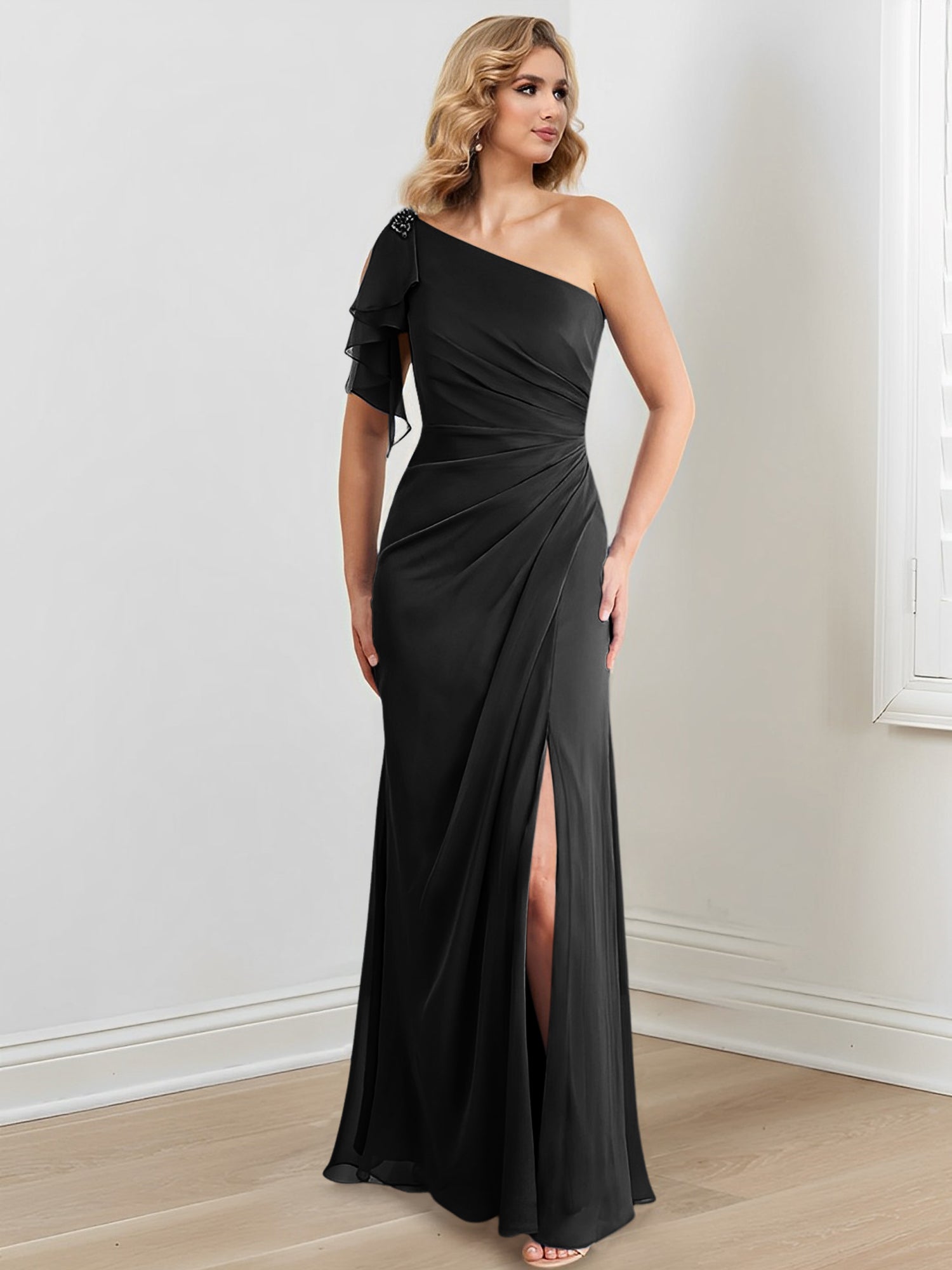 Elegant One-Shoulder Floor-Length Sheath/Column Gown for the Mother of the Bride