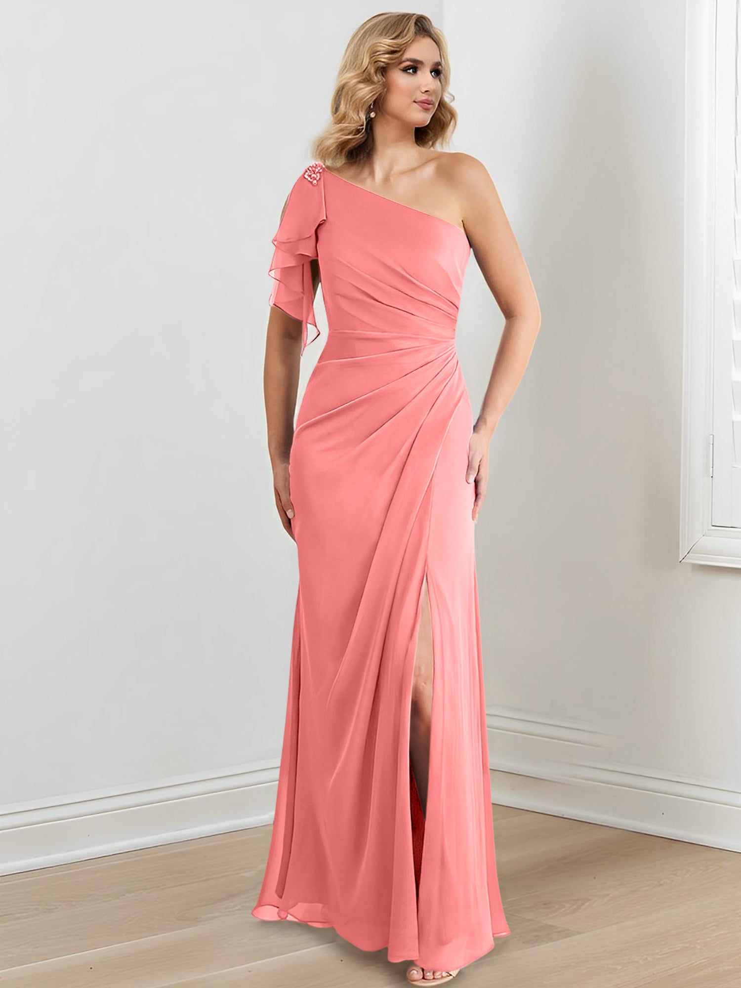 Elegant One-Shoulder Floor-Length Sheath/Column Gown for the Mother of the Bride