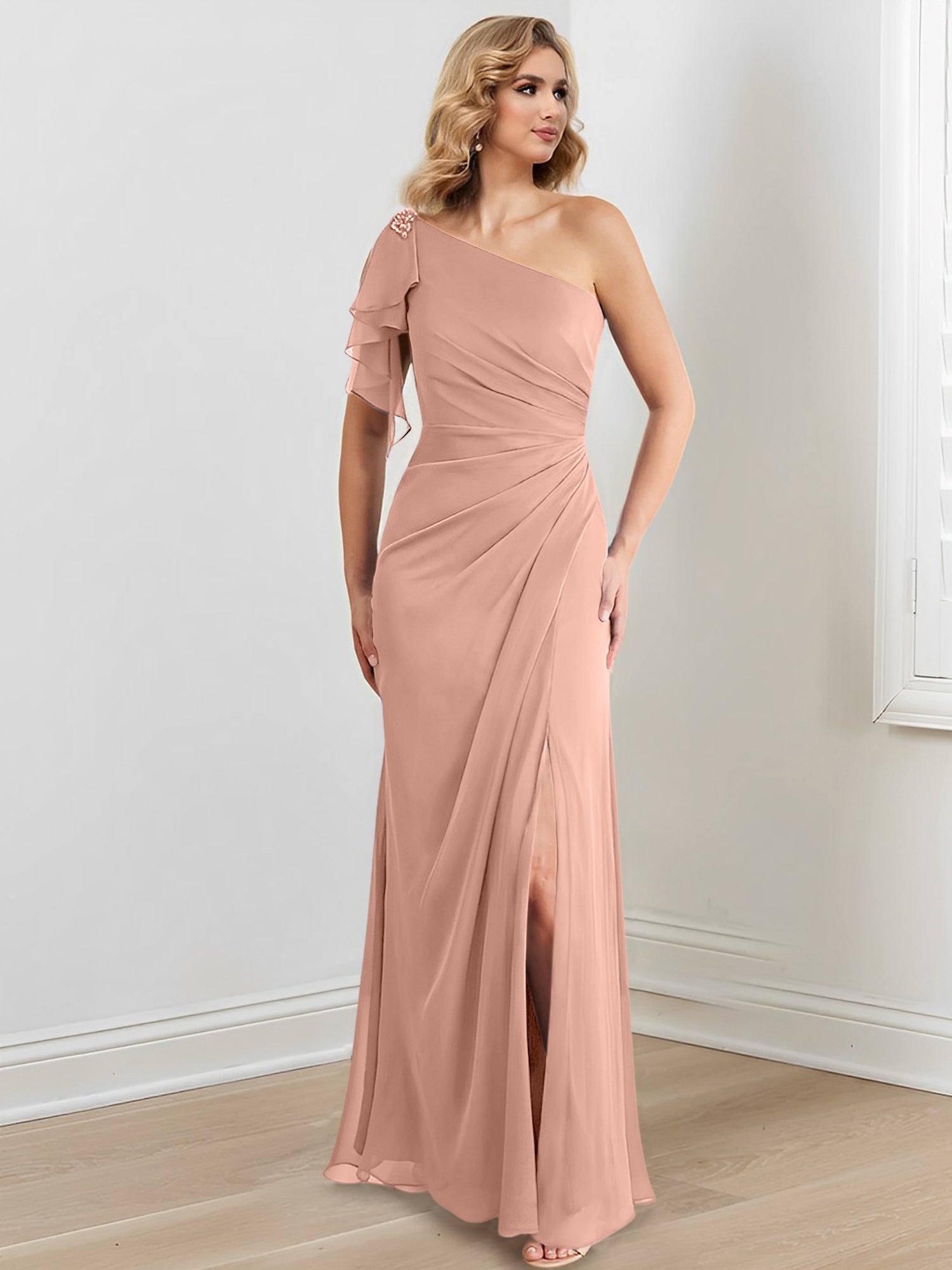 Elegant One-Shoulder Floor-Length Sheath/Column Gown for the Mother of the Bride
