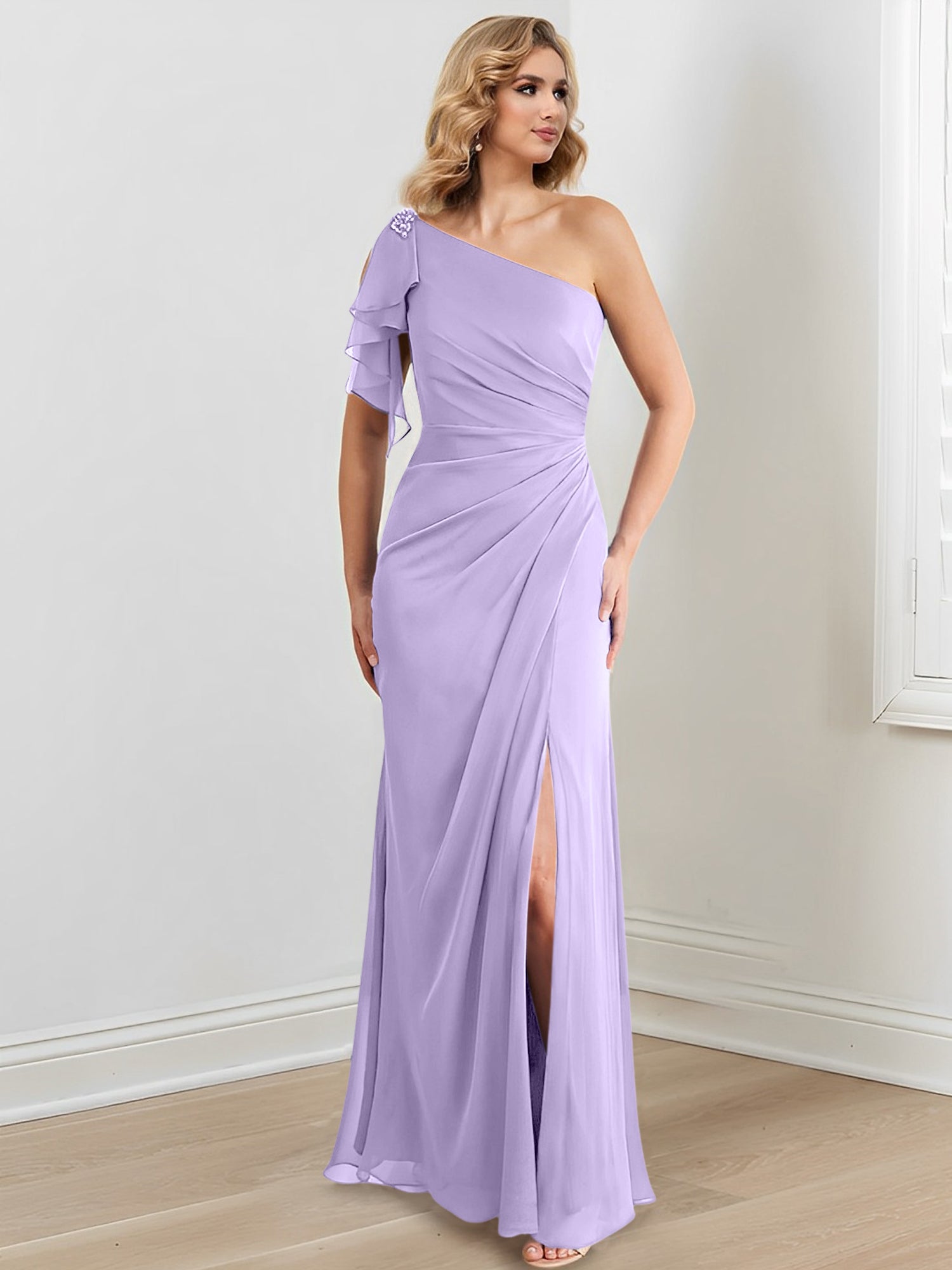 Elegant One-Shoulder Floor-Length Sheath/Column Gown for the Mother of the Bride
