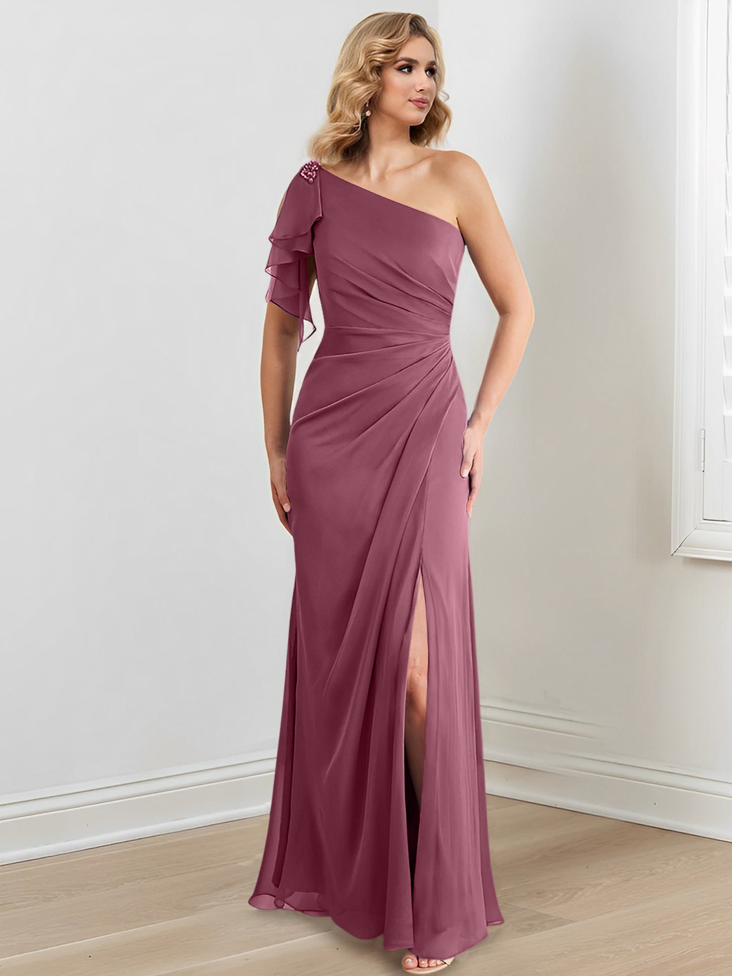 Elegant One-Shoulder Floor-Length Sheath/Column Gown for the Mother of the Bride