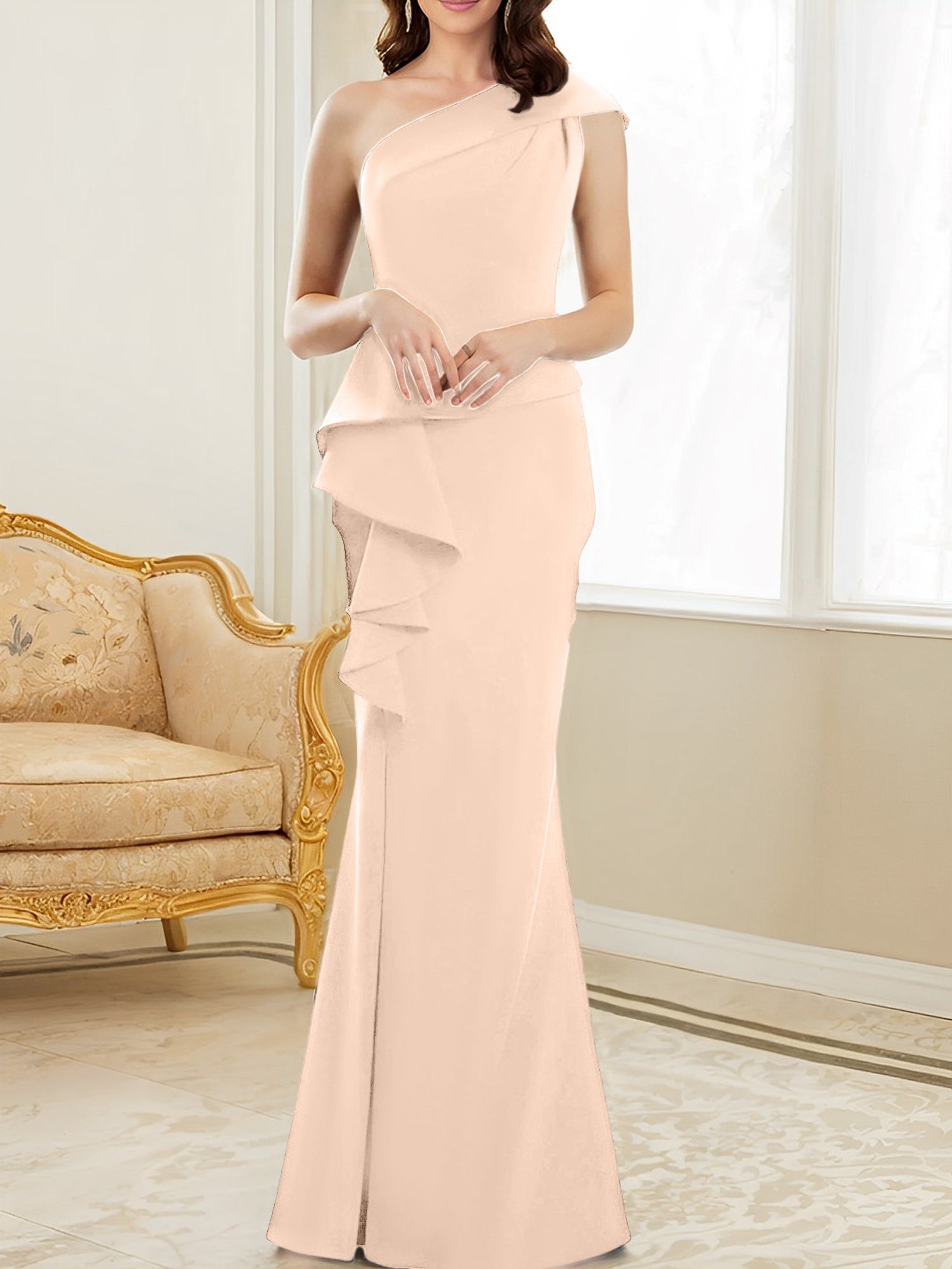 One-Shoulder Floor-Length Trumpet/Mermaid Gown for the Mother of the Bride