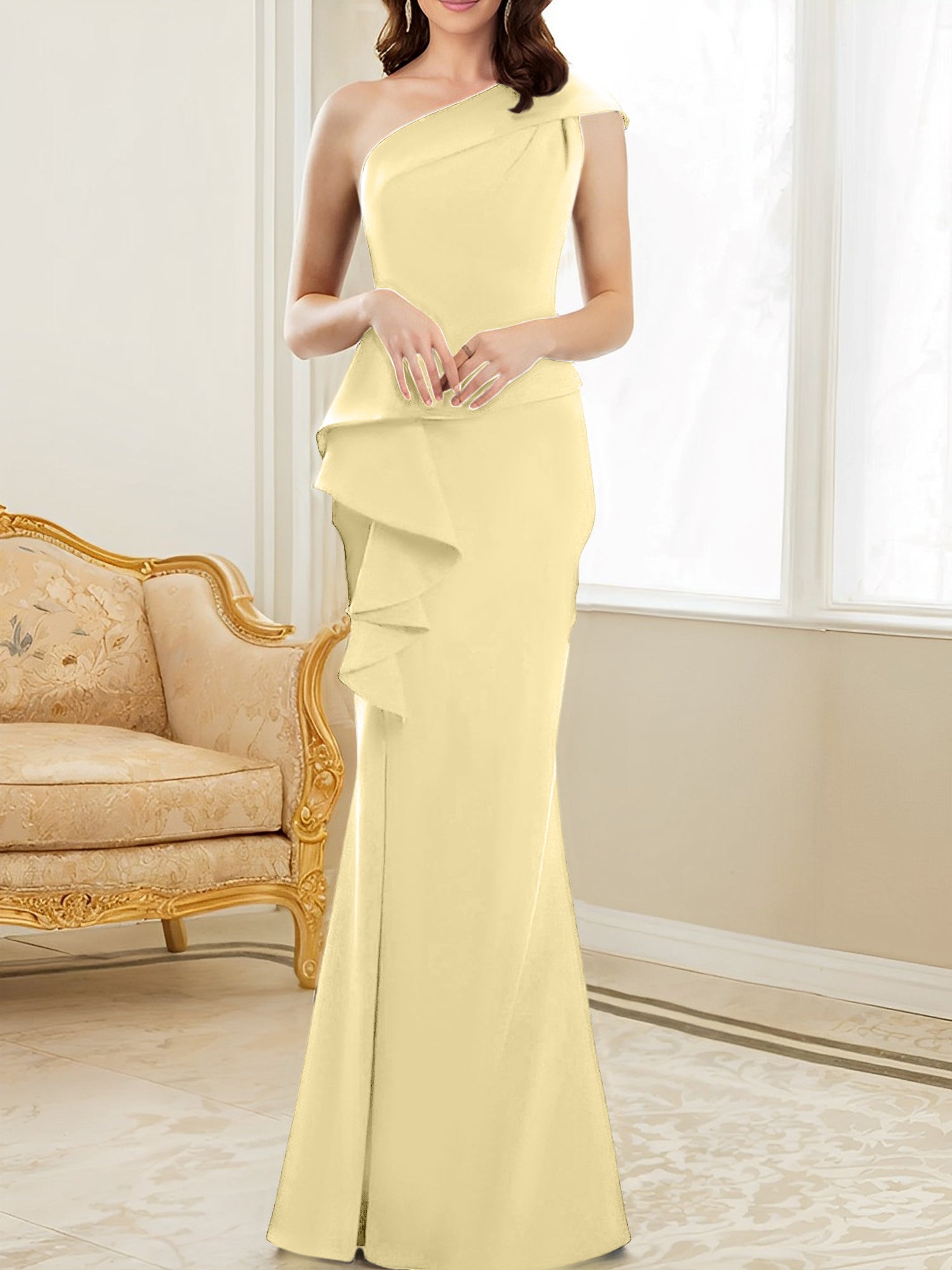 One-Shoulder Floor-Length Trumpet/Mermaid Gown for the Mother of the Bride