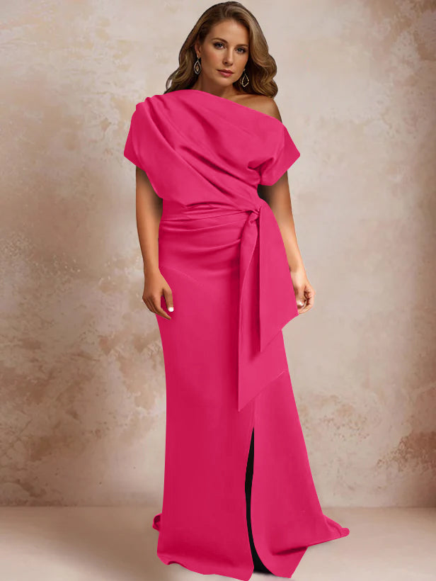 One-Shoulder Mermaid Trumpet Gown with Ruffles and Side Split for Plus-Size Mothers of the Bride