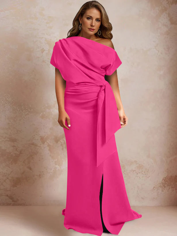 One-Shoulder Mermaid Trumpet Gown with Ruffles and Side Split for Plus-Size Mothers of the Bride