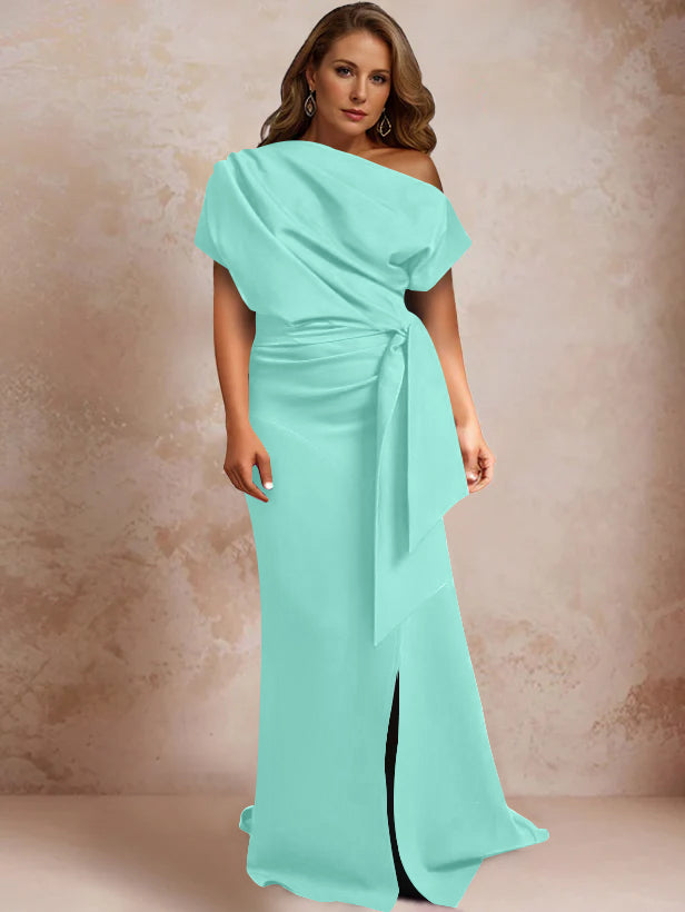 One-Shoulder Mermaid Trumpet Gown with Ruffles and Side Split for Plus-Size Mothers of the Bride