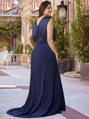 V-Neck Sleeveless Floor-Length A-Line Princess Gown for the Mother of the Bride with Ruched Details