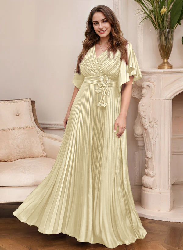 V-Neck A-Line Princess Short Sleeve Mother of the Bride Dress with Belt