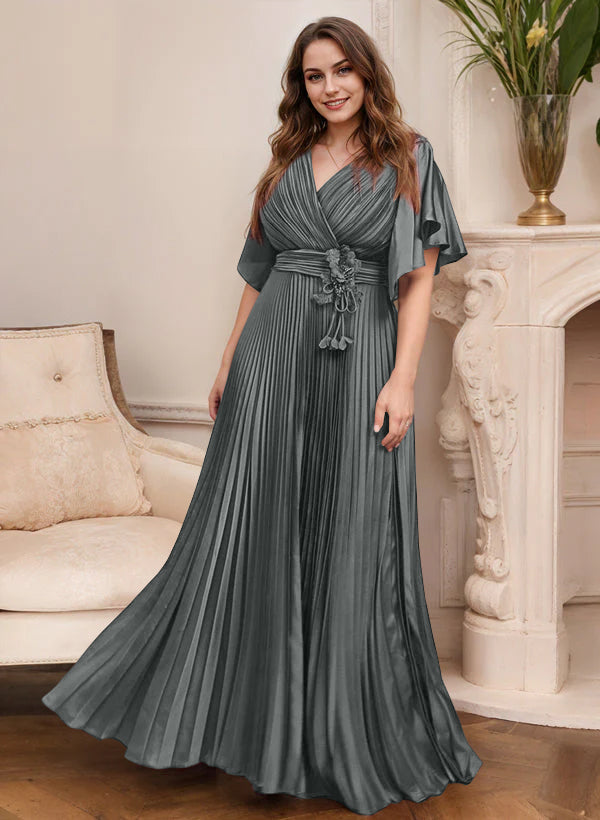 V-Neck A-Line Princess Short Sleeve Mother of the Bride Dress with Belt
