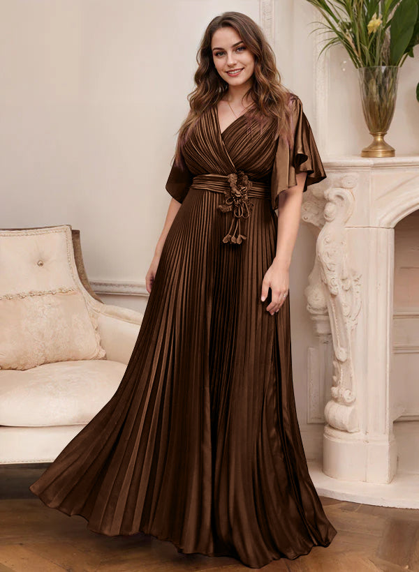 V-Neck A-Line Princess Short Sleeve Mother of the Bride Dress with Belt