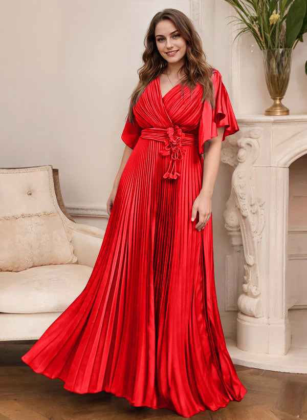 V-Neck A-Line Princess Short Sleeve Mother of the Bride Dress with Belt