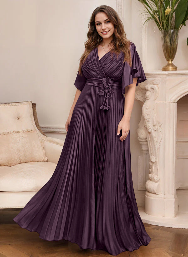V-Neck A-Line Princess Short Sleeve Mother of the Bride Dress with Belt