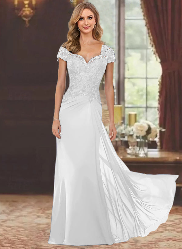 Sweetheart Short-Sleeve Floor-Length Sheath Mother of the Bride Dress with Lace Appliques & Sequins