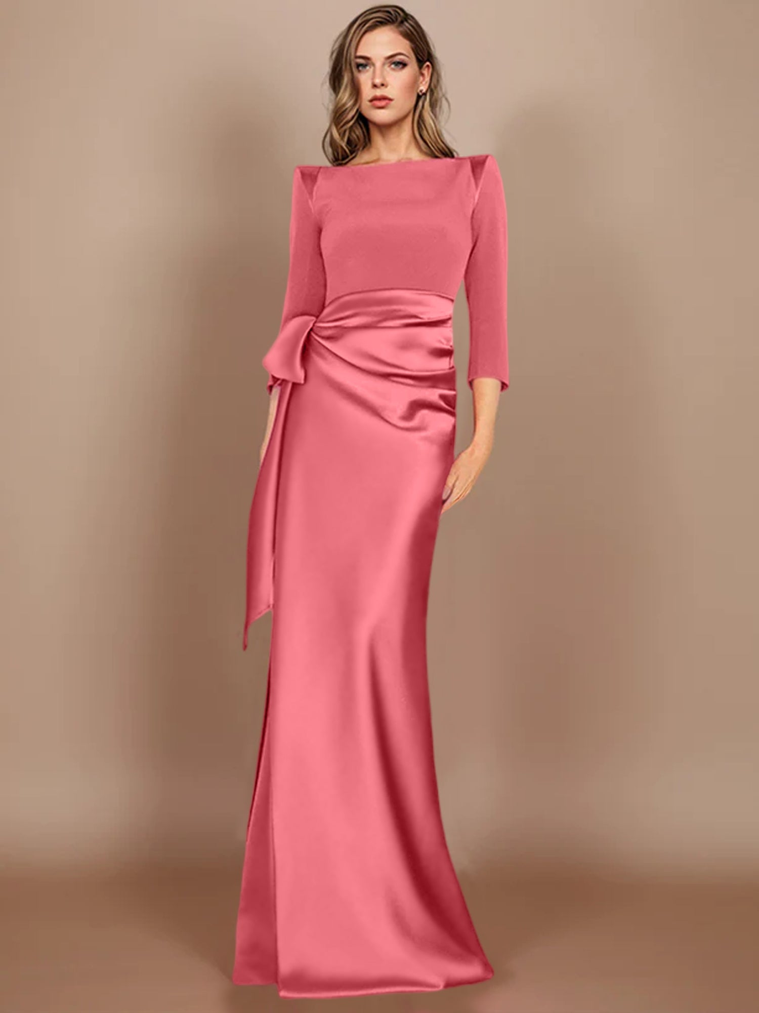 Floor-Length Mother of the Bride Dress with Bow and 3/4 Sleeves in Sheath/Column Style