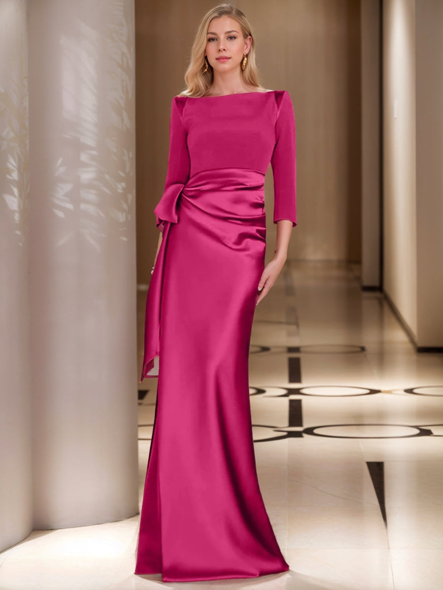 Floor-Length Mother of the Bride Dress with Bow and 3/4 Sleeves in Sheath/Column Style