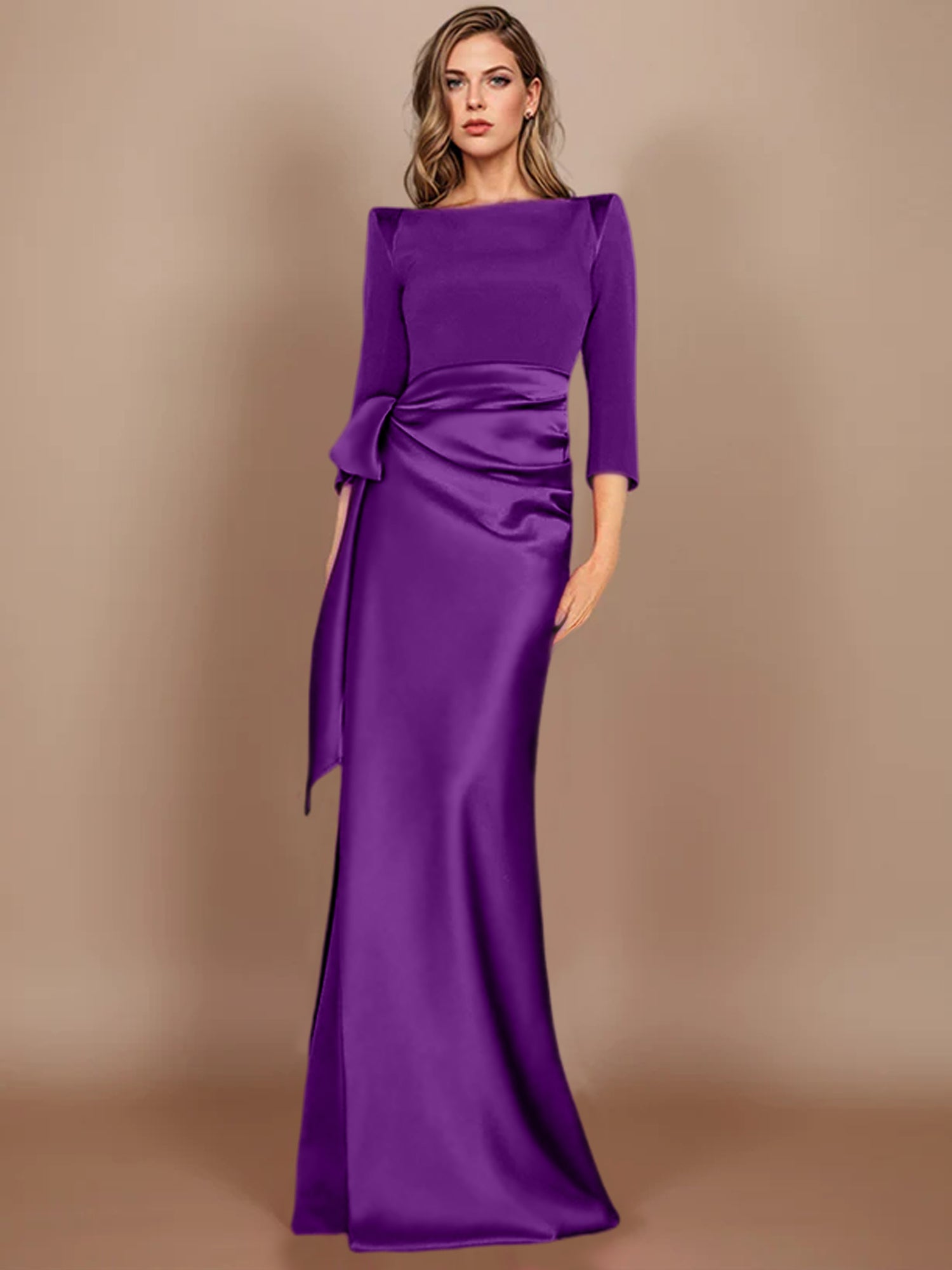 Floor-Length Mother of the Bride Dress with Bow and 3/4 Sleeves in Sheath/Column Style