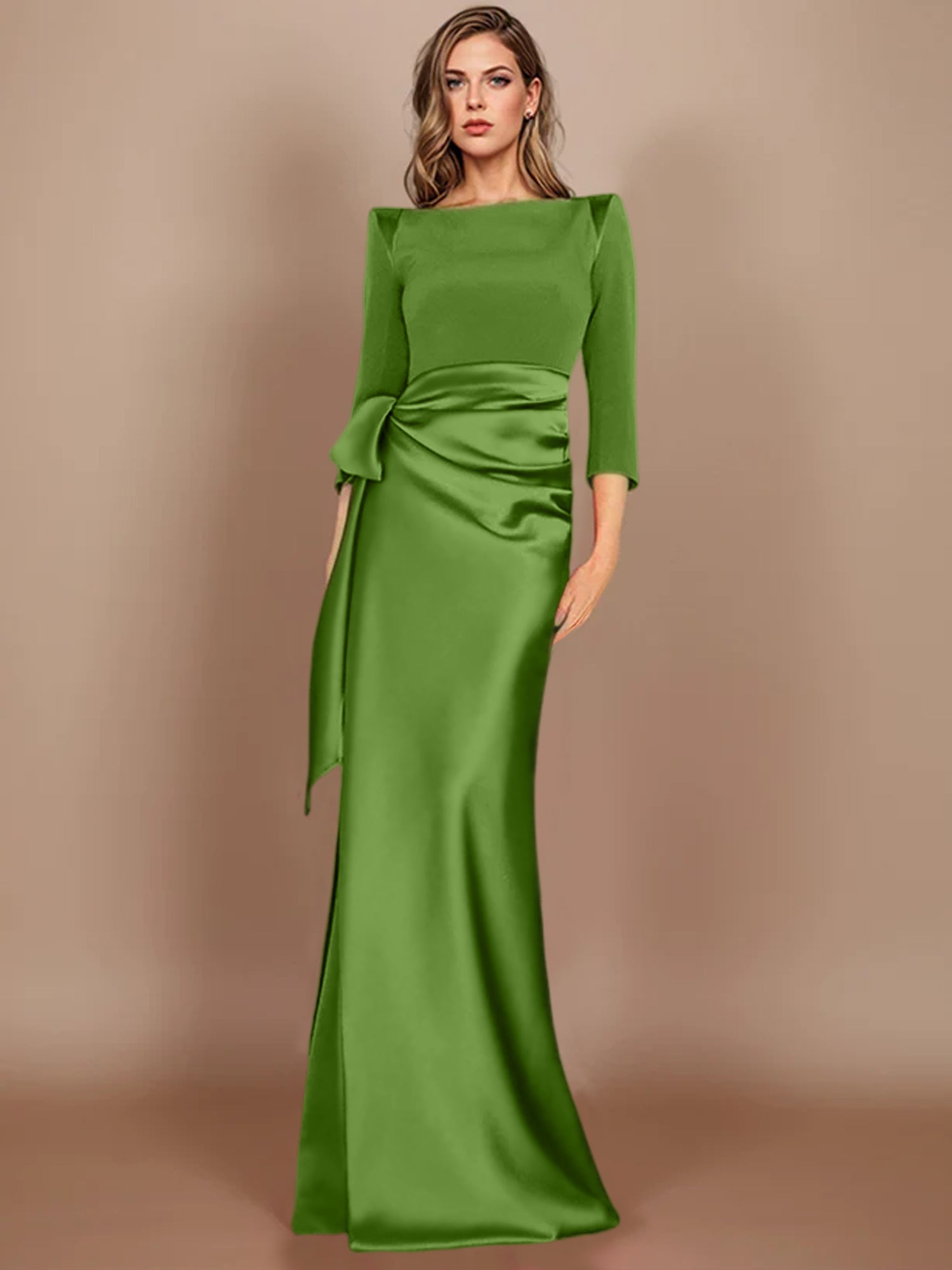 Floor-Length Mother of the Bride Dress with Bow and 3/4 Sleeves in Sheath/Column Style