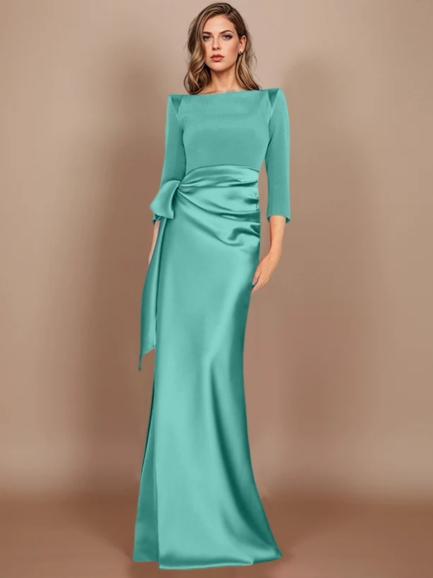 Floor-Length Mother of the Bride Dress with Bow and 3/4 Sleeves in Sheath/Column Style