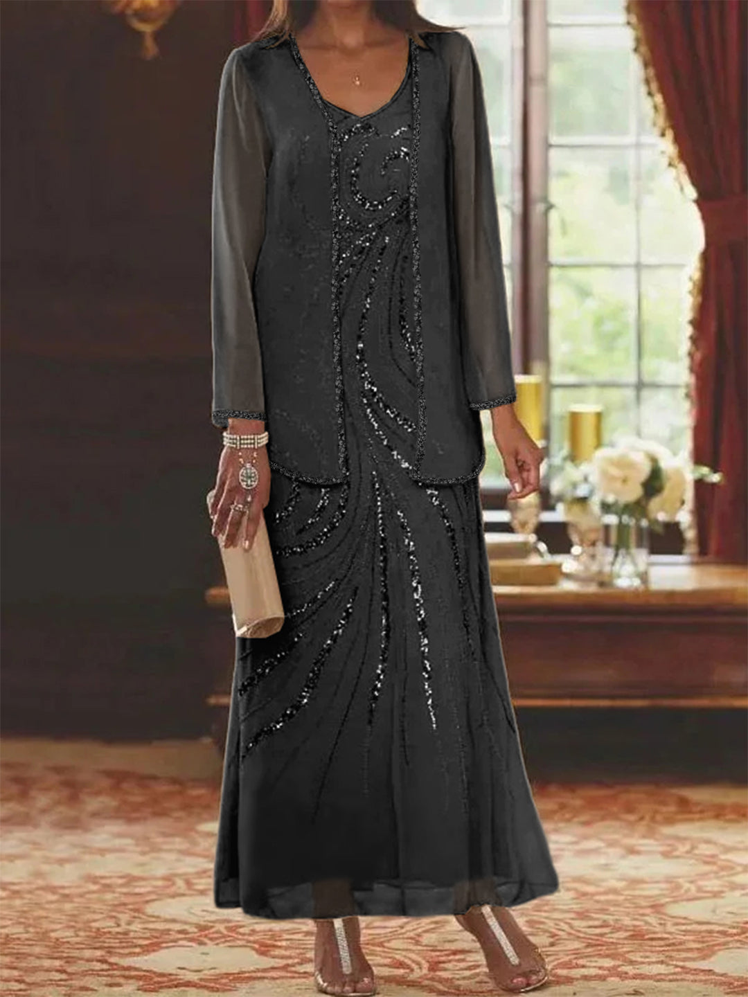 V-Neck Ankle-Length Sheath/Column Mother of the Bride Dresses with Sequins & Jacket