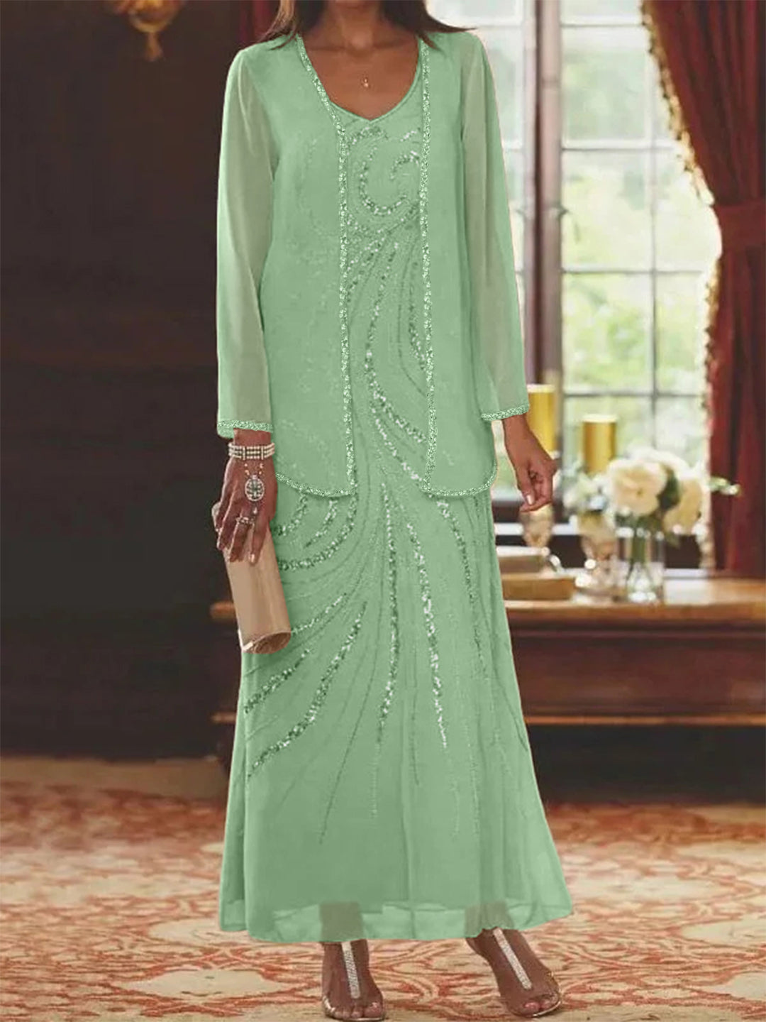 V-Neck Ankle-Length Sheath/Column Mother of the Bride Dresses with Sequins & Jacket