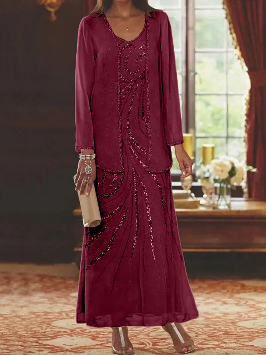 V-Neck Ankle-Length Sheath/Column Mother of the Bride Dresses with Sequins & Jacket