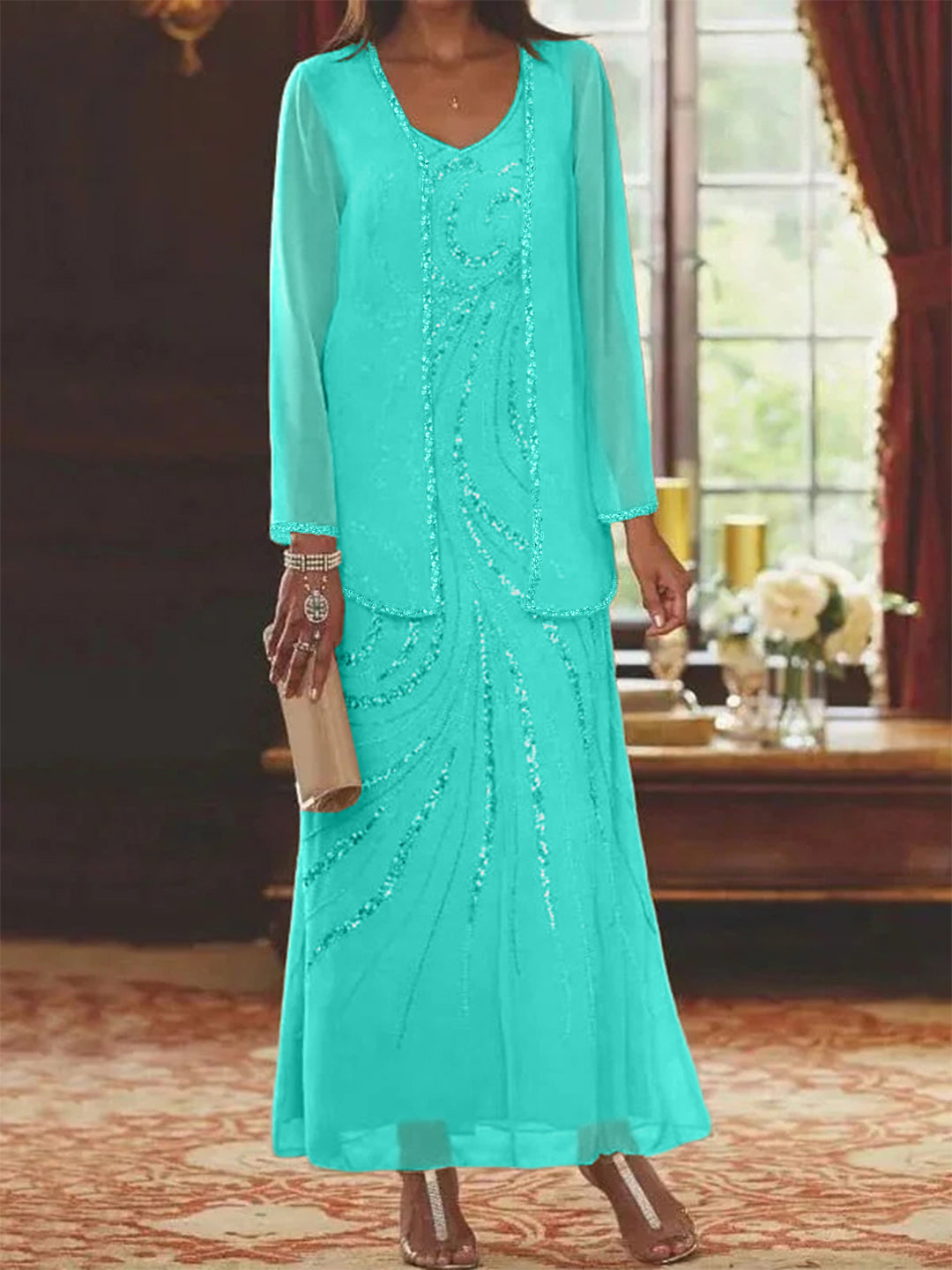 V-Neck Ankle-Length Sheath/Column Mother of the Bride Dresses with Sequins & Jacket