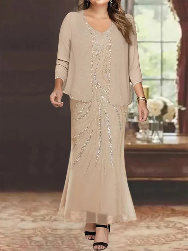 V-Neck Ankle-Length Sheath/Column Mother of the Bride Dresses with Sequins & Jacket