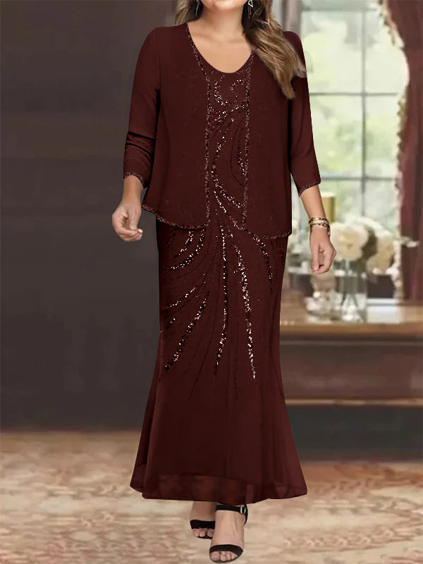 Plus Size V-Neck Ankle-Length Sheath/Column Mother of the Bride Dresses with Sequins & Jacket