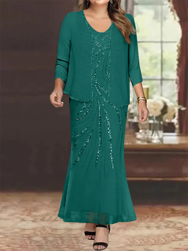 Plus Size V-Neck Ankle-Length Sheath/Column Mother of the Bride Dresses with Sequins & Jacket