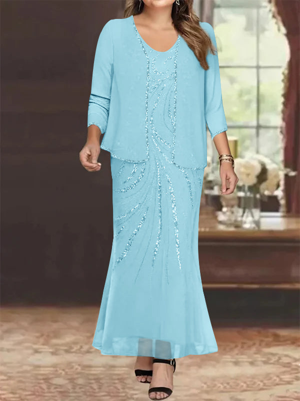 Plus Size V-Neck Ankle-Length Sheath/Column Mother of the Bride Dresses with Sequins & Jacket