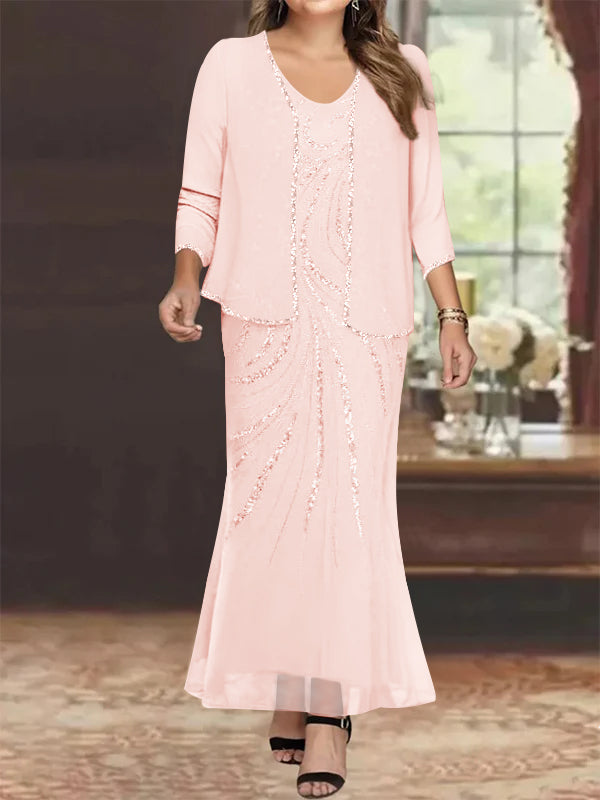Plus Size V-Neck Ankle-Length Sheath/Column Mother of the Bride Dresses with Sequins & Jacket