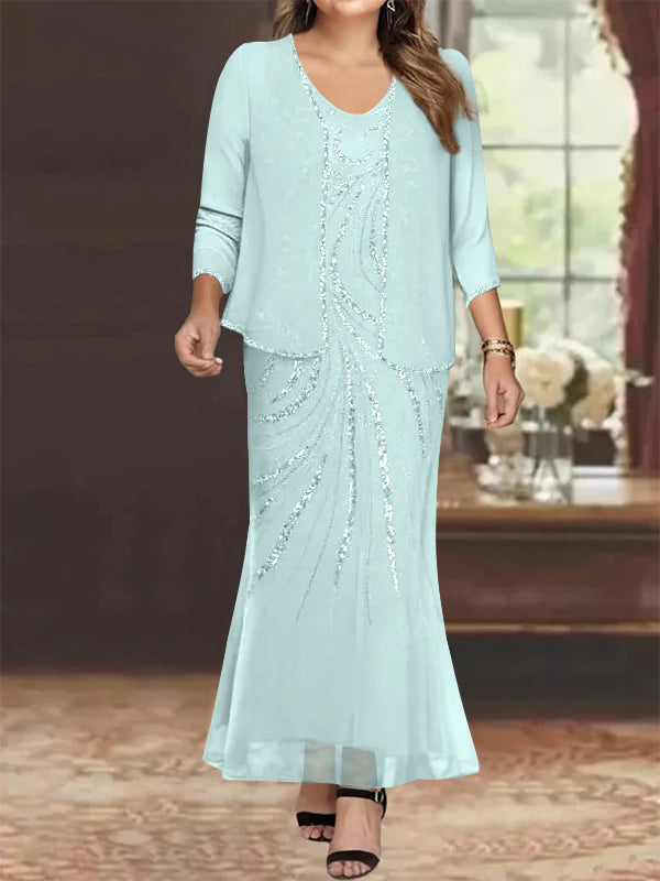 Plus Size V-Neck Ankle-Length Sheath/Column Mother of the Bride Dresses with Sequins & Jacket